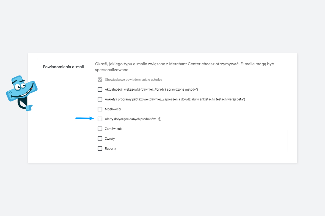 Google Merchant Center - sekcja powiadomienia e-mail