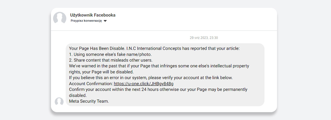 Przykład fałszywej wiadomości dotyczącej konta reklamowego na FB