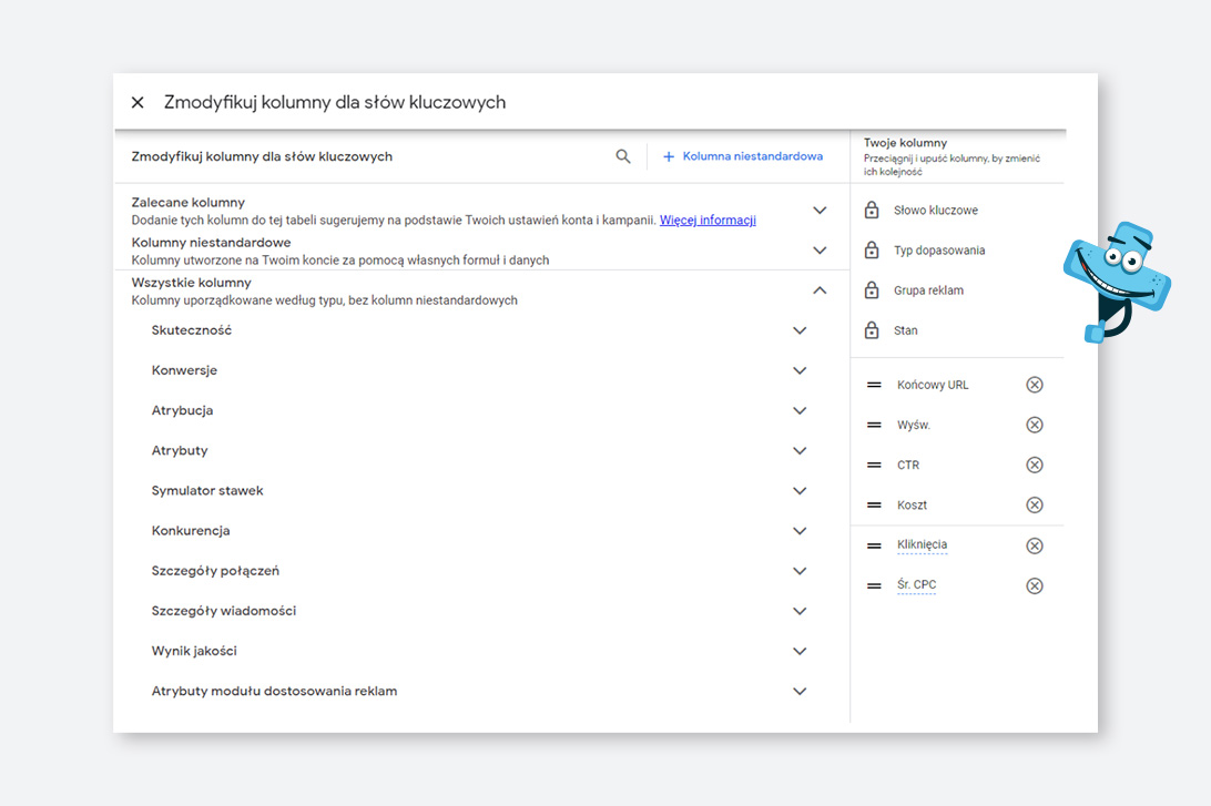 Odświeżony panel edycji kolumn Google Ads