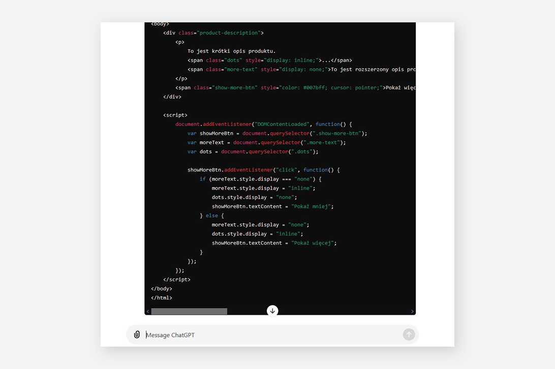 Przygotowany przez czat GPT skrypt pozwalający na ukrycie części tekstu na stronie pod przyciskiem czytaj więcej