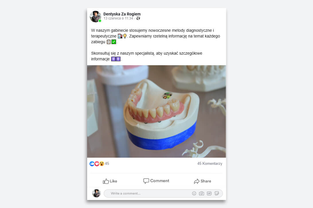 Wpis na Facebooku gabinetu stomatologicznego Dentysta Za Rogiem