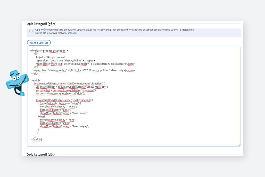 Widok edycji kategorii na platformie Shoper wraz z wklejonym skryptem